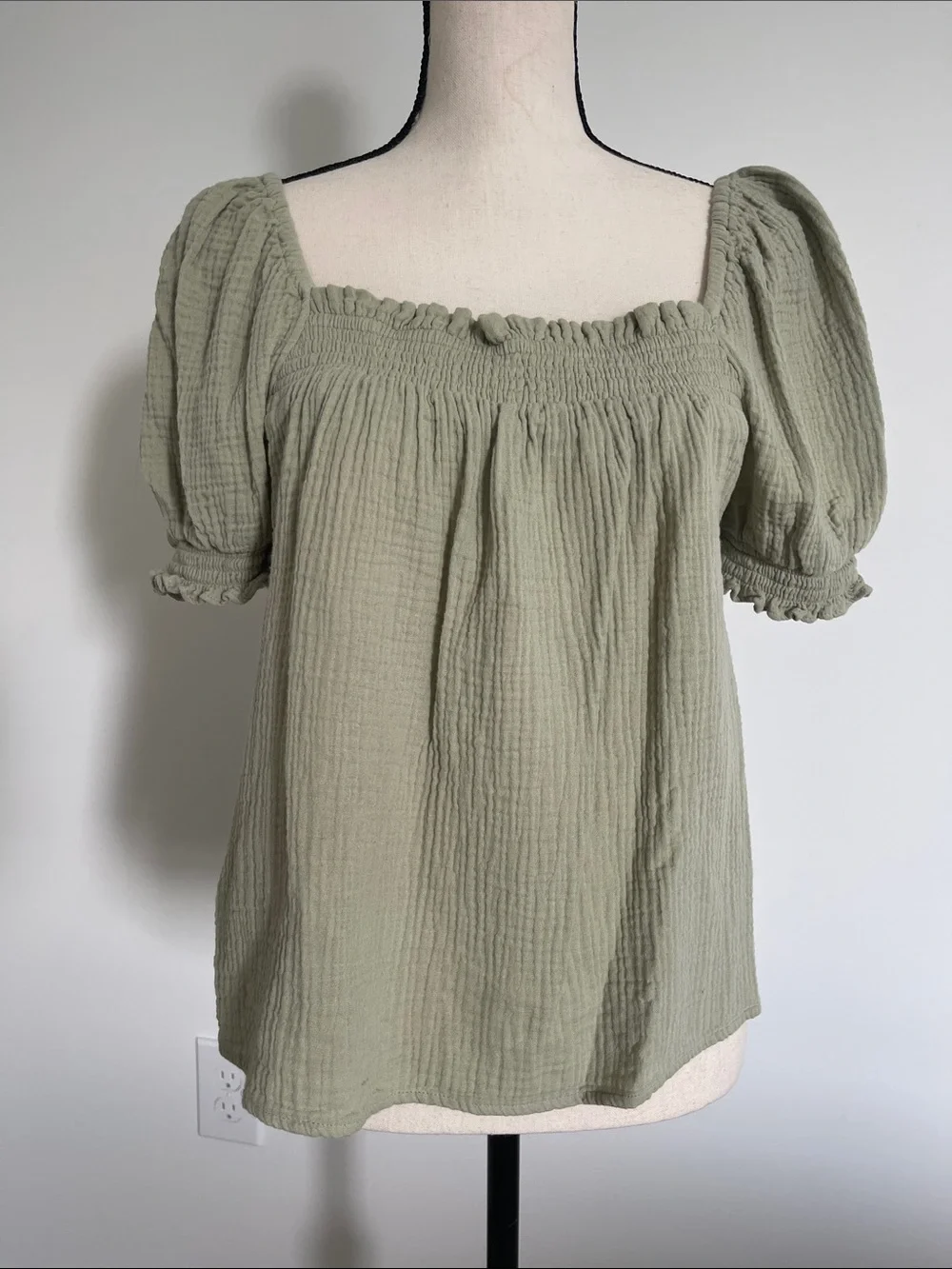 J. Crew Sage Green Puff Sleeve Smocked Neck Blouse